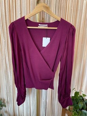 Anthropologie Twofer Faux-Wrap Sweater fuchsia ribbed bodice & viscose sleeves.